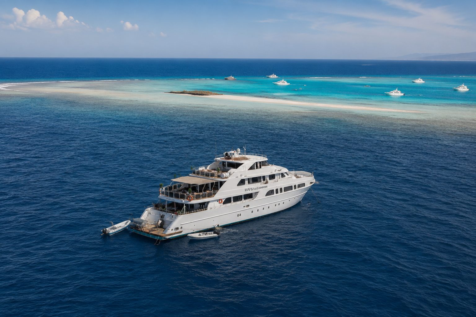 Aerial view of the yacht arriving at Sataya Reef